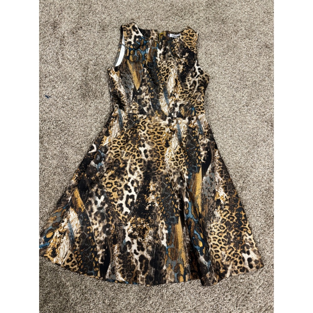Jennifer Lopez Leopard Animal Print Fit & Flare Dress Brown Blue Sleeveless Sz 2